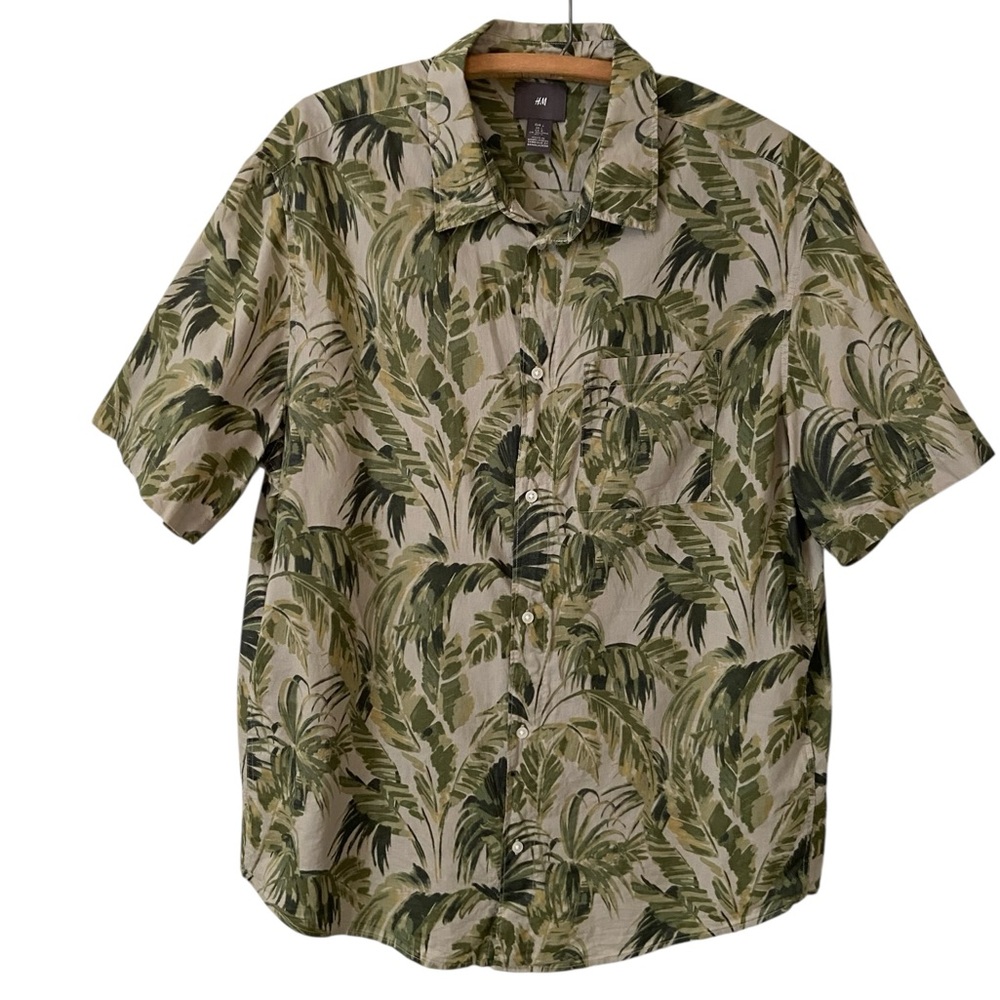 Final Sale H&M Cotton Button Down Shirt Green Leaf Print Sz L